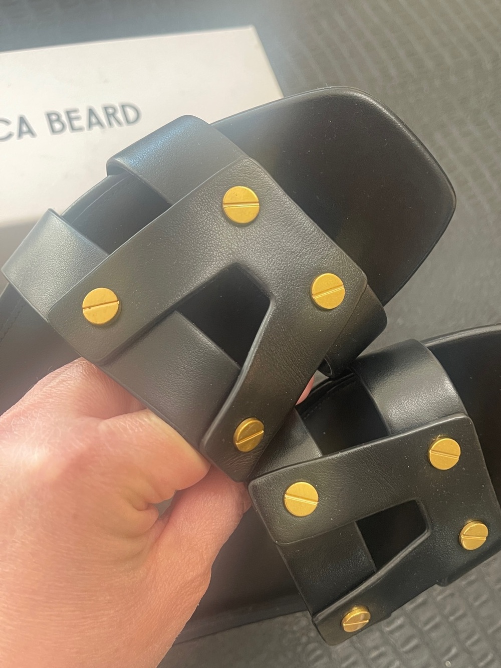 Veronica Beard Black Leather Slide Flat Sandals with Gold Nail Studs -Size 9M